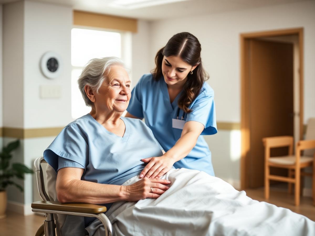 Nurse assisting an elderly patient in a bright care facility